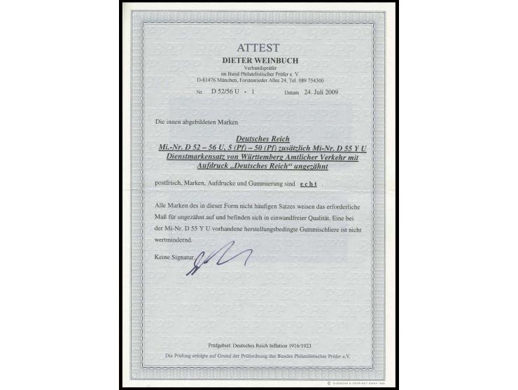 Württemberg Abschied 5-50 Pfg. ungezähnt, dabei 20 Pfg. mit beiden Wasserzeichen, postfrisch, 20 Pfg. mit Wz. Ringe mit herst