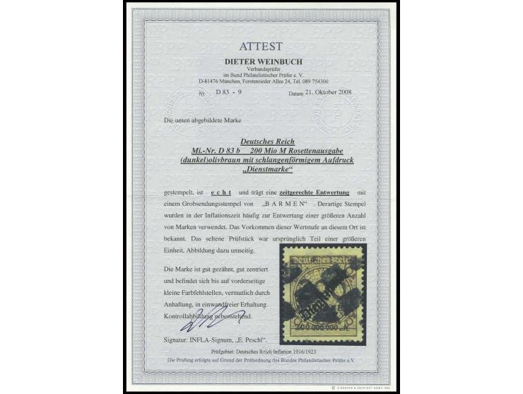 1923, 200 Mio. M. olivbraun mit typischer Grobsendungsstempel-Entwertung von Barmen, bis auf eine vorderseitige Farbfehlstell