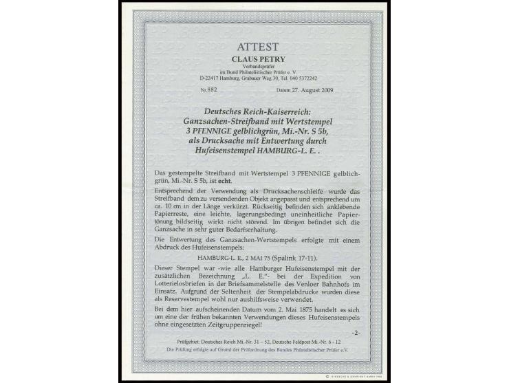 HUFEISENSTEMPEL: "HAMBURG-L.E. 2 MAI 75" (Spalink 17-11), klarer Abschlag auf Ganzsachen-Streifband 3 Pfge (etwas getönt, rüc