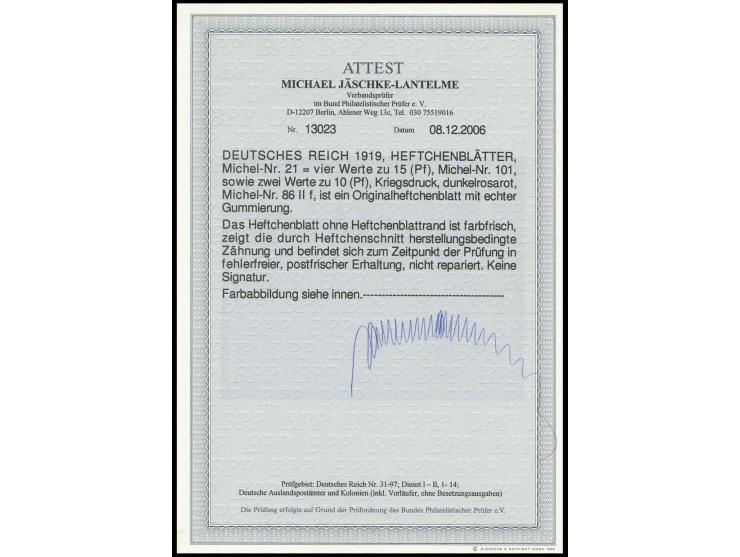 1919, Heftchenblatt Germania 15+10 Pfg. ohne Rand, dabei die 10 Pfg. in seltener Farbe rosarot, postfrisch mit oben teils Hef