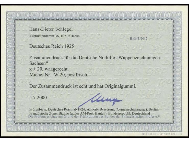 Nothilfe X+20 Pfg., postfrisch, Kabinett, Fotobefund H.-D. Schlegel BPP (Mi. 350,-)
