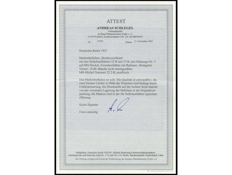 1927, Markenheftchen Beethoven/Kant in 2. Auflage mit ONr. 5, postfrisch mit leichter Heftchenzähnung und durch Fehlklammerun