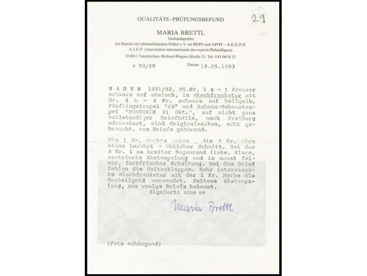 1 Kr. auf sämisch in Mischfrankatur mit 2. Auflage 3 Kr. auf hellgelb, beide 3-seitig voll- bis breitrandig, die 3 Kr. mit sc
