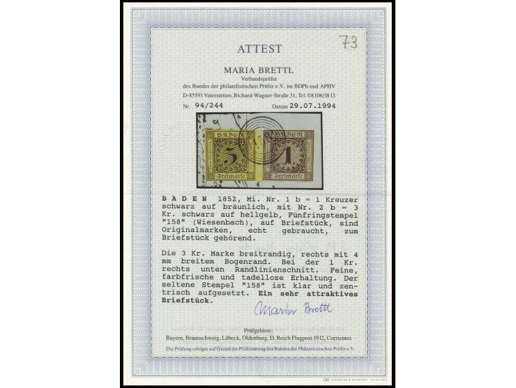 1 Kr. auf bräunlich in üblichem Schnitt mit voll- bis breitrandiger 3 Kr. auf gelb, rechts mit 4 mm Bogenrand, mit über beide