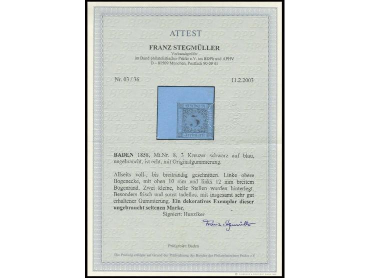 1858, 3 Kr. auf blau, sehr schön farbfrisch und voll- bis überrandig geschnitten aus der linken oberen Bogenecke mit 10/12 mm