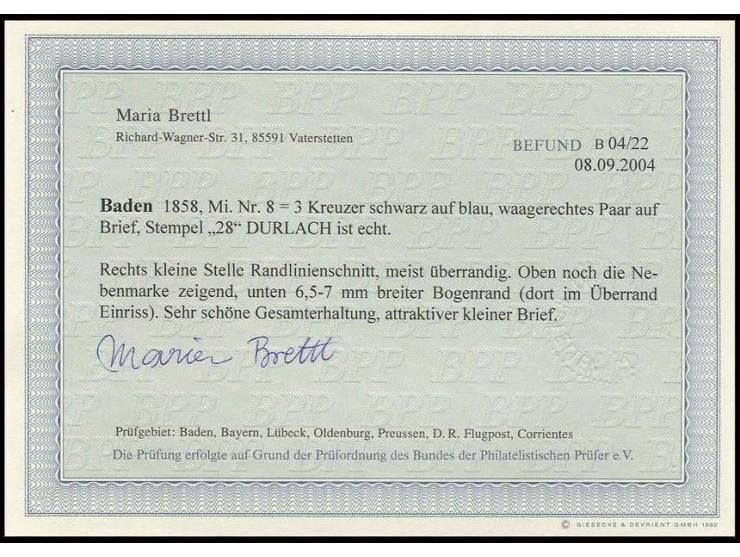 3 Kr. auf blau im waagerechten Paar, die rechte Marke oben rechts kleine Stelle Randlinienschnitt, sonst voll- bis meist über