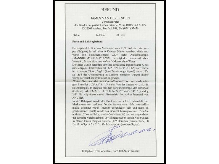9 Kr. lebhaftrosarot mit Zackenkranz "87." und Aufgabestempel "MANNHEIM 23 SEP" (1861) auf kpl. Faltbrief mit handschriftlich