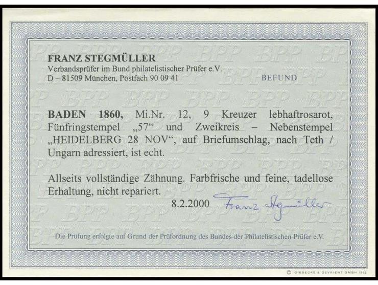 9 Kr. lebhaftrosarot, farbfrisch und gut gezähnt mit Nr. "57" und nebengesetztem DKr. "HEIDELBERG 23 NOV." auf vorgedrucktem 