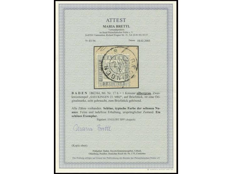 1 Kr. silbergrau, farbfrisch und einwandfrei gezähnt mit sauberem DKr. "SAECKINGEN 23. MRZ." auf Briefstück, Kabinett, sign. 