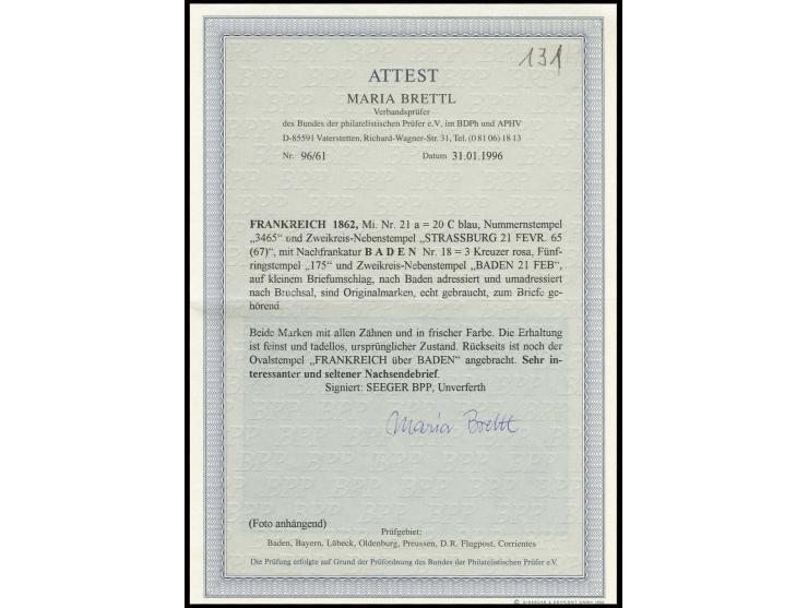 3 Kr. rosa mit Nr. "175" und nebengesetztem Aufgabestempel "BADEN 21 FEB" (1855) als Nachsendefrankatur auf Briefkuvert, ursp
