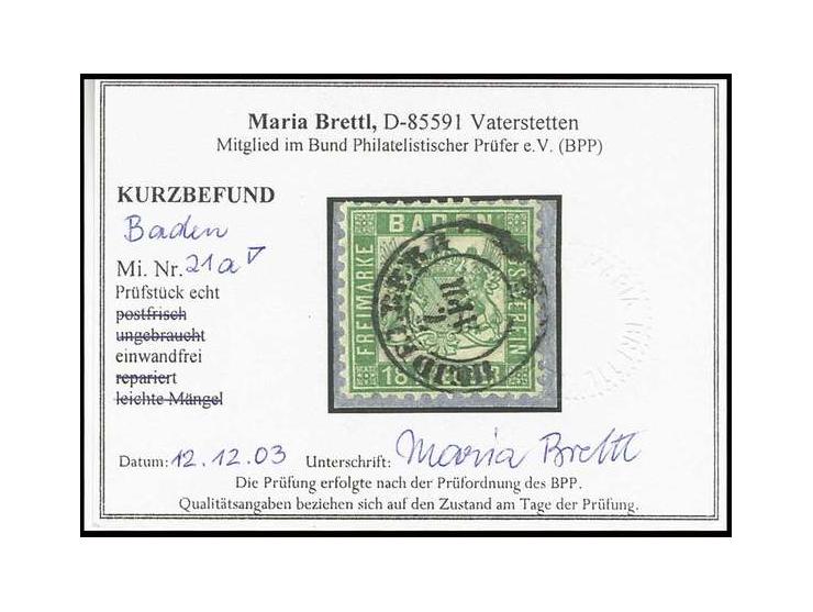 18 Kr. lebhaftgrün, farbfrisch und gut gezähnt mit klar aufgesetztem DKr. "HEIDELBERG 7. APR." auf kleinem Briefstück, Kabine