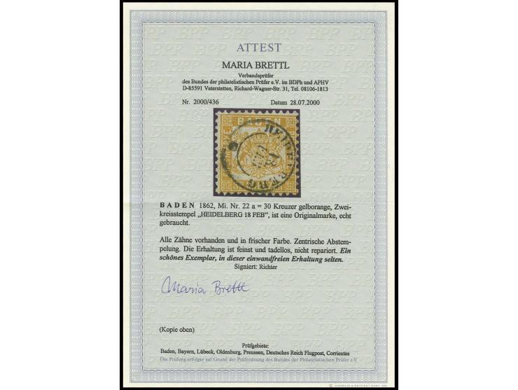 30 Kr. gelborange, farbfrisch und tadellos gezähnt mit zentrisch klarem DKr. "HEIDELBERG 18 FEB.", Kabinett, sign. Richter un