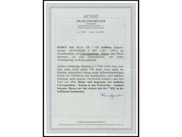 7 Kr. hellblau, farbfrisch und gut gezähnt mit sauberem EKr. "MANNHEIM 9 SEP." (1871) auf Korrespondenz-Karte nach Zürich mit