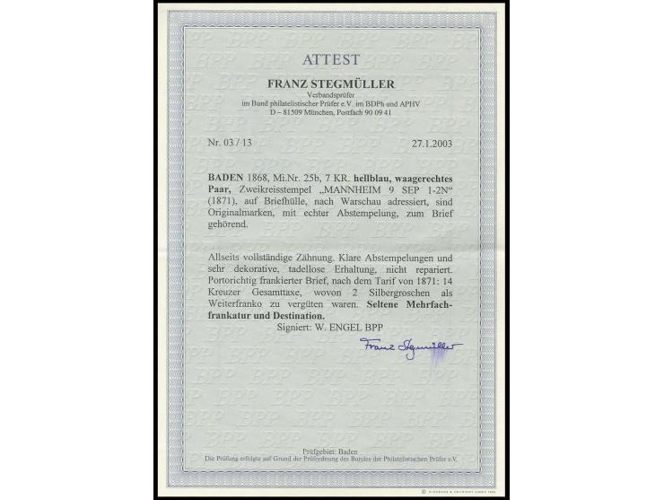 7 Kr. hellblau im waagerechten Paar, farbfrisch und tadellos gezähnt mit DKr. "MANNHEIM 9 SEP" (1871) auf Faltbriefhülle mit 