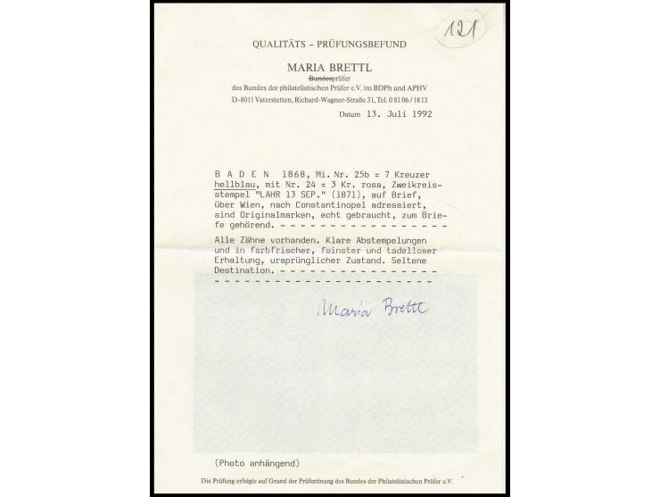 7 Kr. hellblau und 3 Kr. rosa, beide farbfrisch und gut gezähnt mit jeweils sauber aufgesetztem DKr. "LAHR 13 SEP." (1871) au