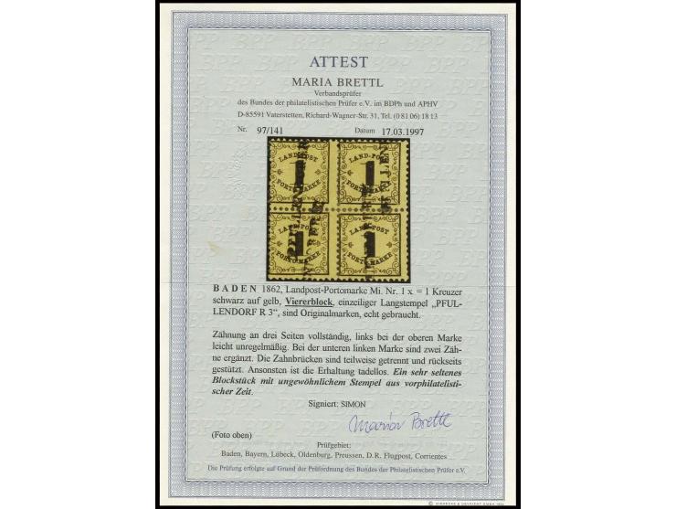 LANDPOST-PORTOMARKEN: 1862, dünneres Papier: 1 Kr. auf gelb im 4er-Block, sauber entwertet durch mehrfach aufgesetzten L1 "PF