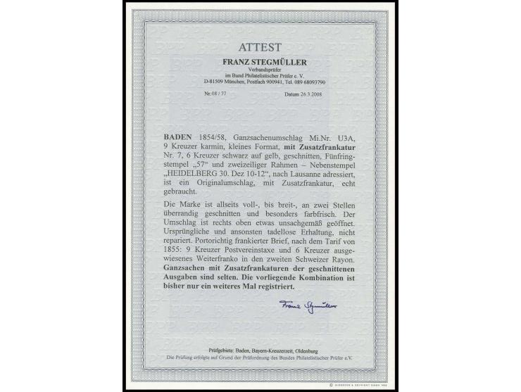 GANZSACHEN: 1858, Wertstempel links: Umschlag 9 Kr. karmin mit 1853, 6 Kr. auf gelb, voll- bis überrandig mit Nr. "57" und ne