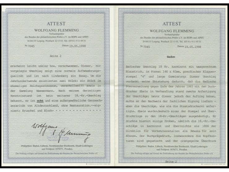 Umschlag 18 Kr. dunkelkarmin mit Wertstempel rechts, langer Gummierung und gelbem Wertüberdruck "Zwoelf Kreuzer", das sogenan