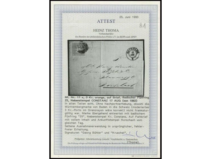 "75" CONSTANZ auf Württemberg 1860, 3 Kr. orange auf kpl. Faltbrief mit nebengesetztem Aufgabestempel vom 17.8.(1862) nach Ro