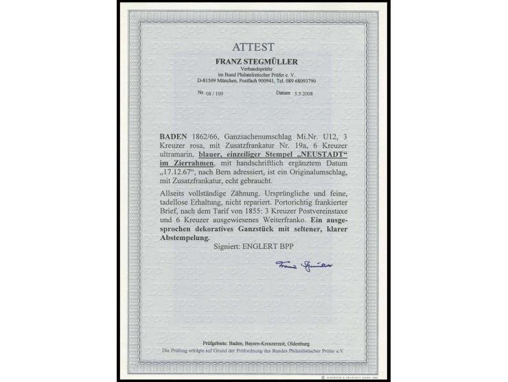 "NEUSTADT ", blauer Ra. mit Zierrahmen, glasklar aufgesetzt auf 1864, 6 Kr. ultramarin als Zufrankatur auf Ganzsachenumschlag
