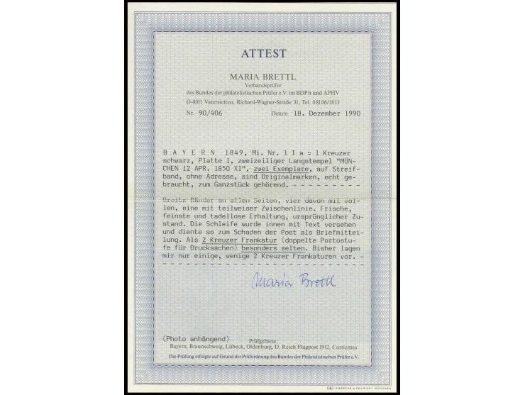 1 Kr. schwarz, 2 Einzelstücke, beide farbfrisch und breitrandig mit doppelzeiligem Langstempel "MÜNCHEN 12 APR. 1850" auf Str