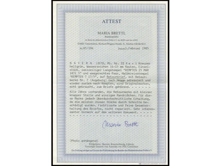 1 Kreuzer grün mit zweizeiligem Langstempel "KEMPTEN 25 MAR. 1871" auf komplettem Faltbrief nach Hegge, mit Nachporto belegt,