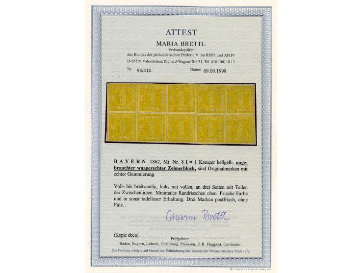 1862, 1 Kr. hellgelb im waagerechten 10er-Block, voll- bis überrandig, teils mit Zwischenlinien, ungebraucht, 3 Marken postfr