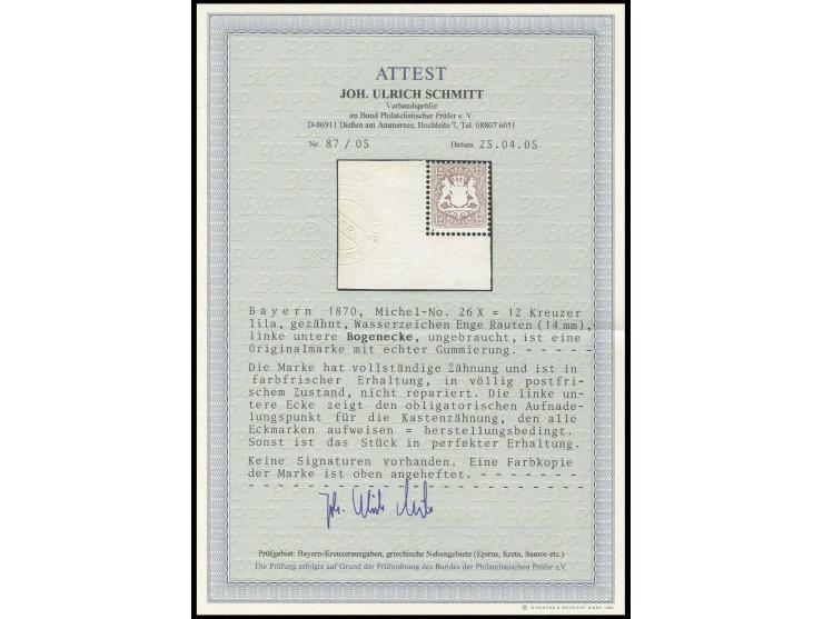 1870, Wappen gezähnt, Wz. enge Rauten: 12 Kr. dunkelbraunpurpur, linke untere Bogenecke, farbfrisch und tadellos gezähnt mit 