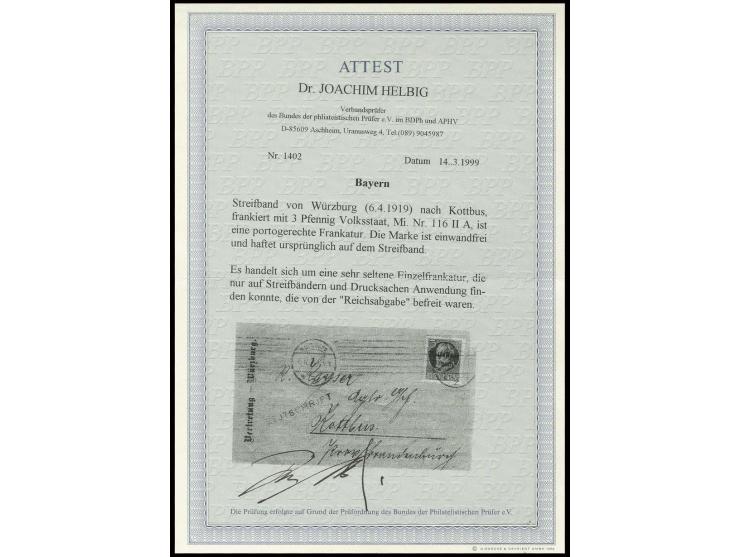 1919, Volksstaat 3 Pfg. als portogerechte Einzelfrankatur auf Drucksachen-Streifband (von der Reichsabgabe befreit) von "Würz