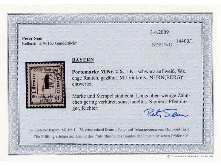PORTOMARKEN: 1870, Wz. X: 1 Kr. schwarz mit Teilabschlag des EKr. "NÜRNBERG", bis auf einige verkürzte Zahnspitzen in guter E