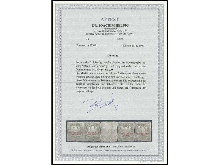 1895, 2 Pfg. auf weißem Papier im waagerechten Viererstreifen mit Zwischensteg, postfrisch, Kabinett, Fotoattest Helbig BPP