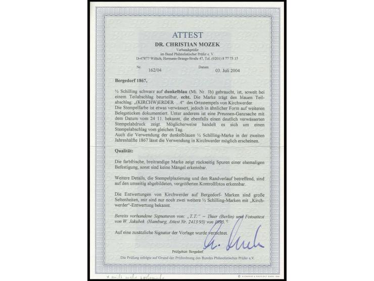 ½ Sch. dunkelblau, farbfrisch und breitandig geschnitten mit seltener Entwertung durch blauen EKr. (KIRCH)WERDER ...4", rücks