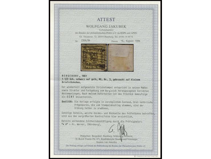 1 ½ Sch. auf gelb, voll- bis meist breitrandig mit Strichstempel-Entwertung auf kleinem Briefstück, Pracht, sign. Dr. Werner 