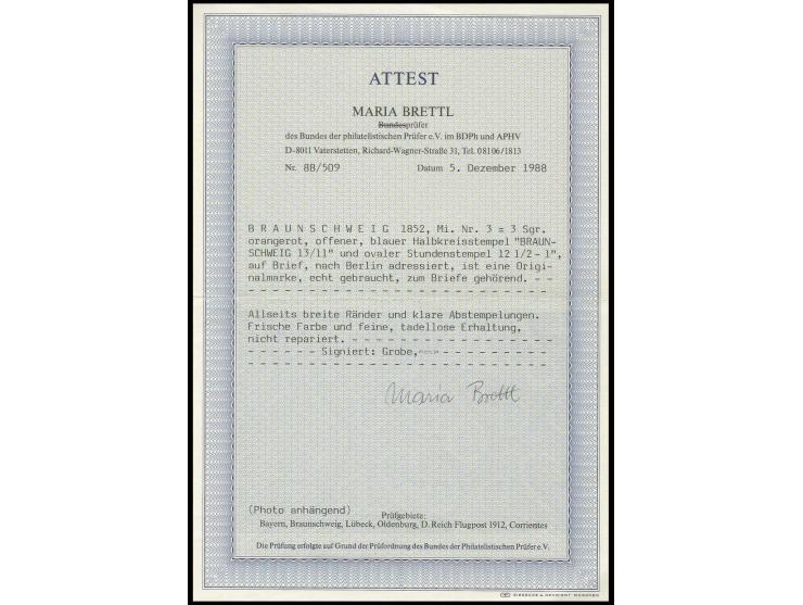 3 Sgr. orangerot, allseits gut gerandet mit blauem Halbkreisstempel "BRAUNSCHWEIG 13/11" auf Faltbriefhülle nach Berlin, waag