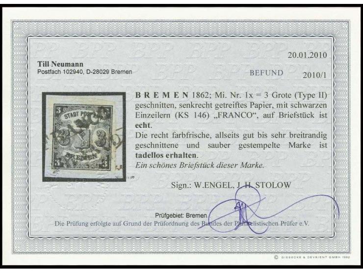1855, senkrecht gestreift: 3 Grote auf blaugrau, voll- bis meist breitrandig mit 2mal sauber aufgesetztem "FRANCO" auf Briefs