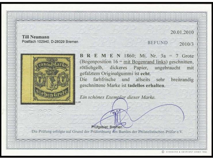 7 Grote auf rötlichgelb, farbfrisch und allseits breit- bis überrandig vom linken Bogenrand, ungebraucht mit Originalgummi, K