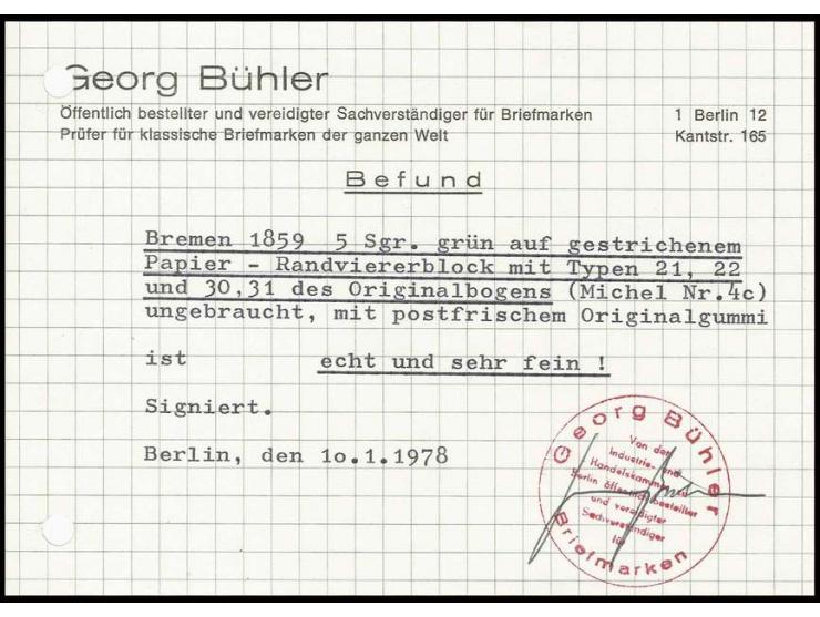 1859, 5 Sgr. grün auf gestrichenem Papier im 4er-Block vom unteren Bogenrand, postfrisch, sign. Georg Bühler mit Befund (1978