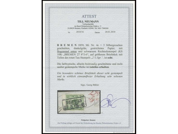 5 Sgr. dunkelgrün auf gestrichenem Papier, allseits breitrandig mit 4 mm unterem Bogenrand mit sauberem Ra2 "BREMEN 27 8" auf