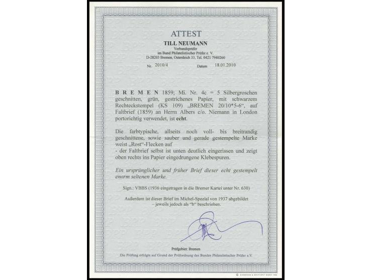 5 Sgr. grün auf gestrichenem Papier, voll- bis breitrandig mit sauberem Ra2 "BREMEN 20/10" (1859) auf Faltbrief nach London; 
