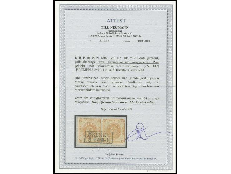 2 Grote, orange, 2 Einzelwerte als Paar geklebt mit sauberem Ra2 "BREMEN 8 6" auf Briefstück; zwischen den Marken gefaltet, d