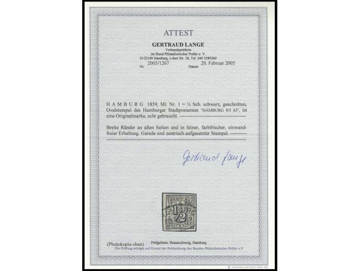 ½ Sch. schwarz, voll- bis breitrandig mit zentrisch aufgesetztem Ovalstempel "HAMBURG 9/5 63", Pracht, Fotoattest Lange BPP