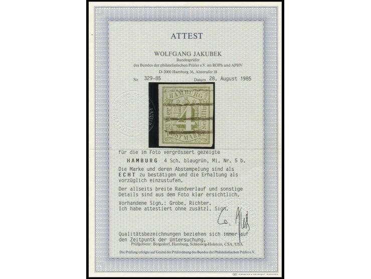 4 Sch. blaugrün, allseits breitrandig mit klar aufgesetztem Strichstempel, Kabinett, sign. Grobe und Richter sowie Fotoattest
