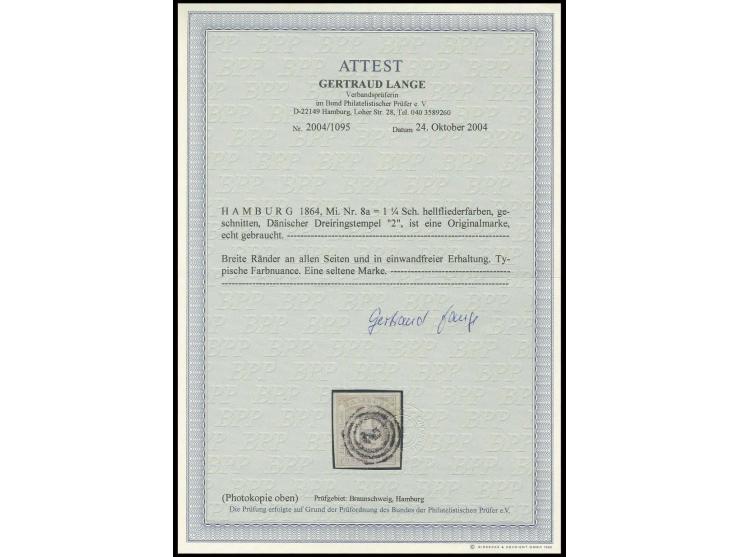 1864, 1¼ Sch. hellflieder, allseits breitrandig und farbfrisch mit klar zentrisch aufgesetztem dänischen Nummernstempel "2"; 