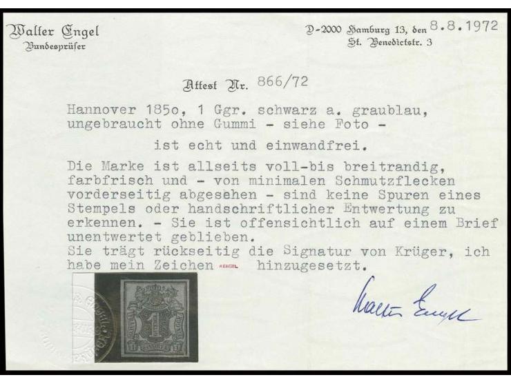 1850, 1 Ggr. auf blaugrau, allseits voll- bis breitrandig, ungebraucht ohne Gummi, vorderseitig winzig fleckig, ansonsten in 
