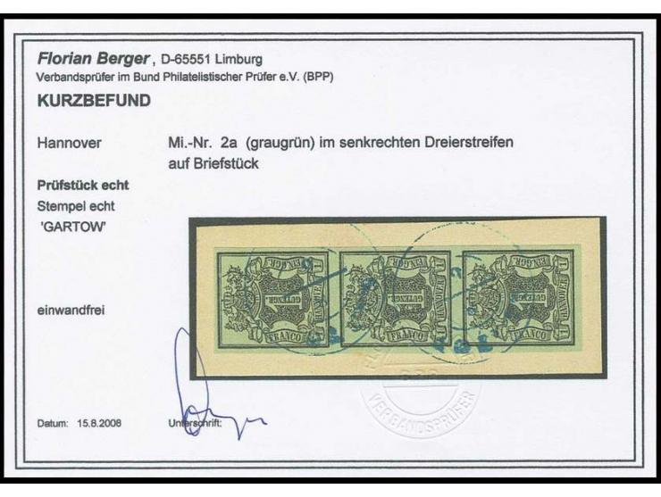 1851, 1 Ggr. auf graugrün im breitrandigen senkrechten 3er-Streifen mit 2 klaren DKr. "GARTOW" auf Briefstück, Kabinett, dopp