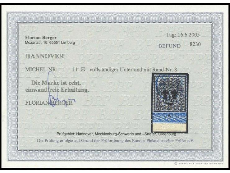 1/15 Th. schwarz, voll- bis breitrandiges Bordüren-Unterrandstück mit Randnr. "8", gestempelt, Kabinett, Fotobefund Berger BP