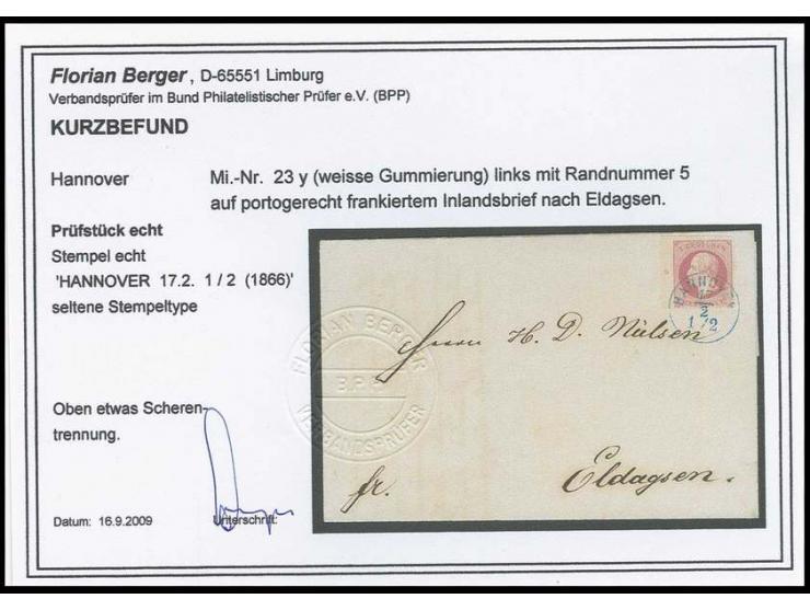 1 Gr. rotkarmin, linkes Randstück mit Reihenzähler "5" mit seltenem Stempel in erst 1866 eingeführter Sondertype "HANNOVER 17