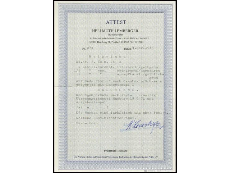 2 Sch. lilakarmin/dunkelgelblichgrün in Mischfrankatur mit gezähnter Ausgabe ½ Sch. grünoliv/karminrot und 1 Sch. karmin/gelb