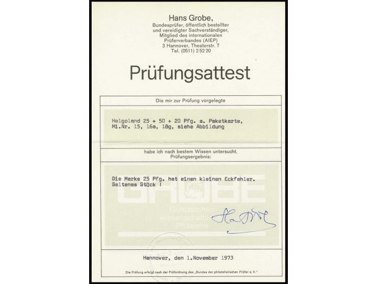 25 Pfg., 50 Pfg. grün/dunkellilakarmin und 20 Pfg. rötlichorange/hellgelb/hellgraugrün auf Paketkarte von "HELIGOLAND DE 24 8