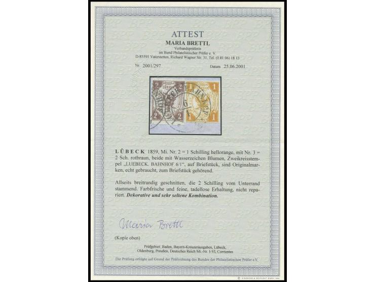 1859, mit Wasserzeichen: 1 Sch. schwärzlichorange in seltener Kombination mit 2 Sch. rötlichbraun, beide farbfrisch und breit